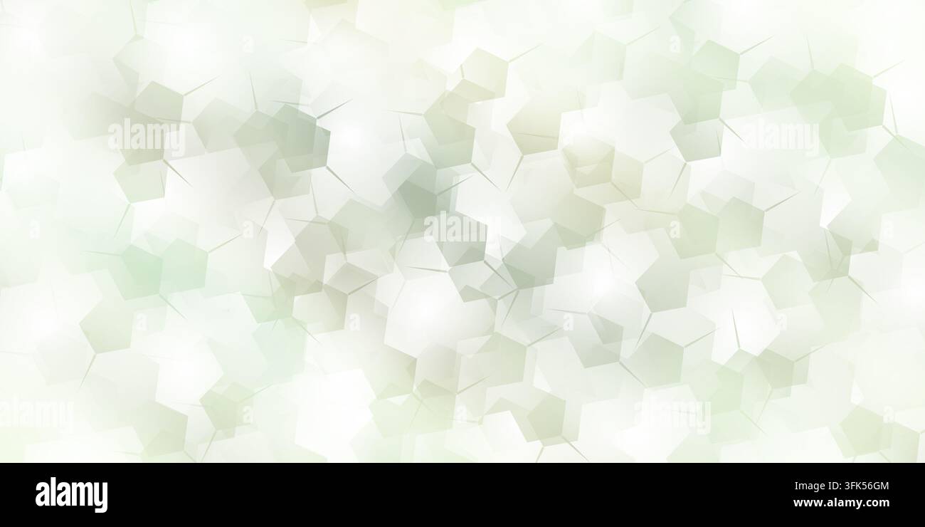 Ein abstrakter weicher grüner geometrischer Hintergrund mit überlappenden Fünfecken, subtilen Liniendetails und leuchtenden Lichteffekten für eine frische, natürliche Ästhetik Stockfoto