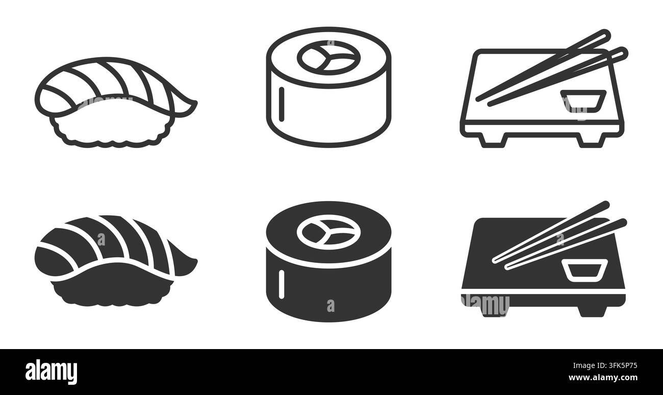 Verschiedene Sushi-Symbole und Essstäbchen auf minimalistischem Hintergrund Stock Vektor