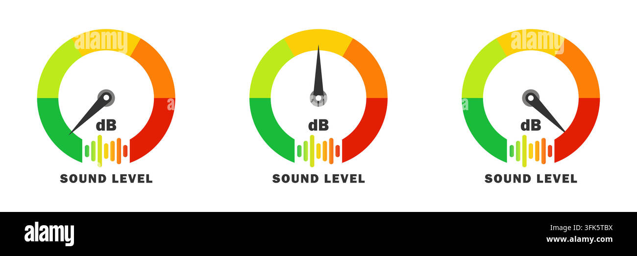 Schallpegelmessgerät-Symbol mit Dezibel-(dB)-Skala in einem mehrfarbigen Messinstrument-Stil. Ideal für Audio-, Lautstärke- oder Geräuschmessung. Vektorillustration Stock Vektor
