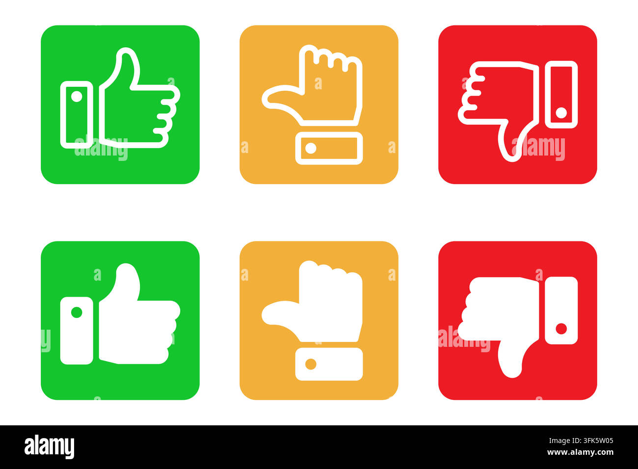 Farbenfrohe Daumen-hoch-, Daumen-runter- und Handgesten-Icons Stock Vektor