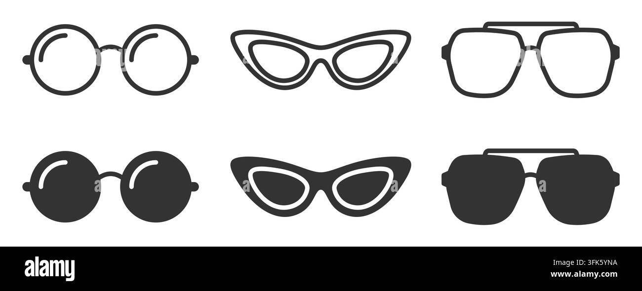 Set von stylischen Sonnenbrillen und Brillen in klassischen schwarzen Designs Stock Vektor