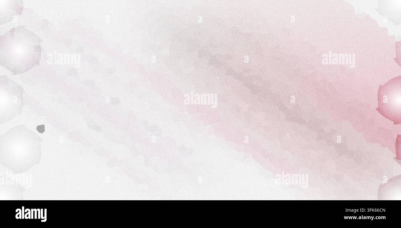 Ein abstrakter digitaler Hintergrund mit weichen rosa und weißen Tönen, der eine körnige Textur und subtile leuchtende Kreiselemente aufweist. Stockfoto