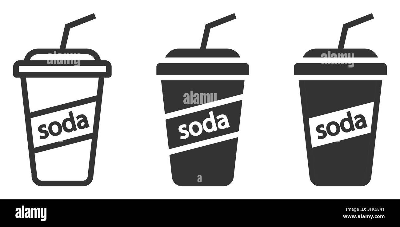 Schwarz-weiße Sodabecher-Symbole mit Strohhalmen und Sodaschildern Stock Vektor