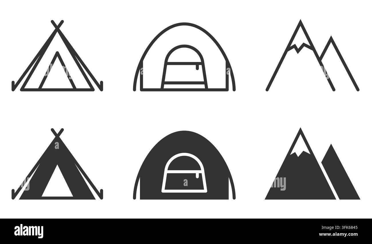 Camping-Symbole: Zelt- und Berg-Ikonen für Outdoor-Enthusiasten Stock Vektor