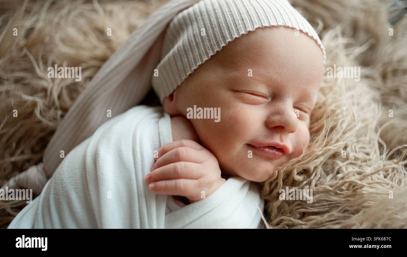 Kleines neugeborenes Baby mit weißem Hut schläft während des Morgenschlafs auf weicher hellbrauner Pelzdecke Stockfoto