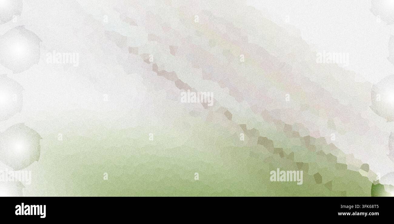 Ein abstrakter Hintergrund mit einem Farbverlauf von Grün und Weiß, einem strukturierten, gesprenkelten und diagonalen Muster, ergänzt durch leuchtende kreisförmige Elemente Stockfoto