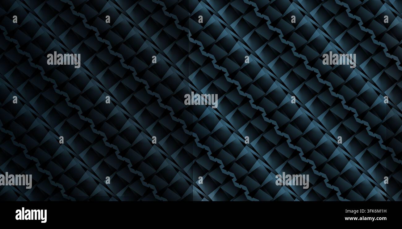 Ein dunkelblauer geometrischer abstrakter Hintergrund mit sich wiederholenden musterartigen Elementen und Texturen. Stockfoto