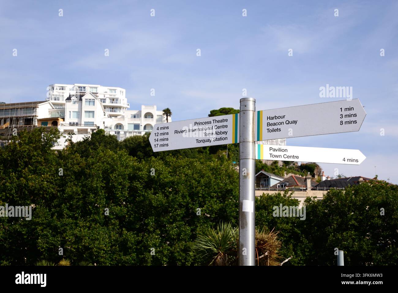 Wegweiser für Touristenattraktionen, Torquay, Devon, UK, Europa. Stockfoto