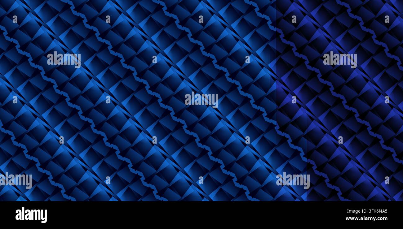 Ein nahtloses abstraktes geometrisches Muster zeigt tiefe blaue und dunkle facettierte Formen, die in einem stilvollen diagonalen strukturierten Design angeordnet sind. Stockfoto