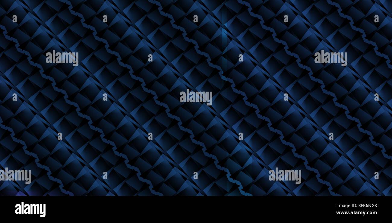 Ein raffiniertes dunkelblaues abstraktes geometrisches Muster mit sich wiederholenden texturierten Formen und dynamischen Beleuchtungseffekten, das einen schlanken modernen Look erzeugt. Stockfoto