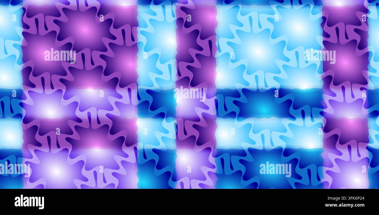 Lebendiger abstrakter Hintergrund mit einem karierten Muster aus hellblauen und violetten leuchtenden, welligen Formen, die einen dynamischen Effekt erzeugen. Stockfoto