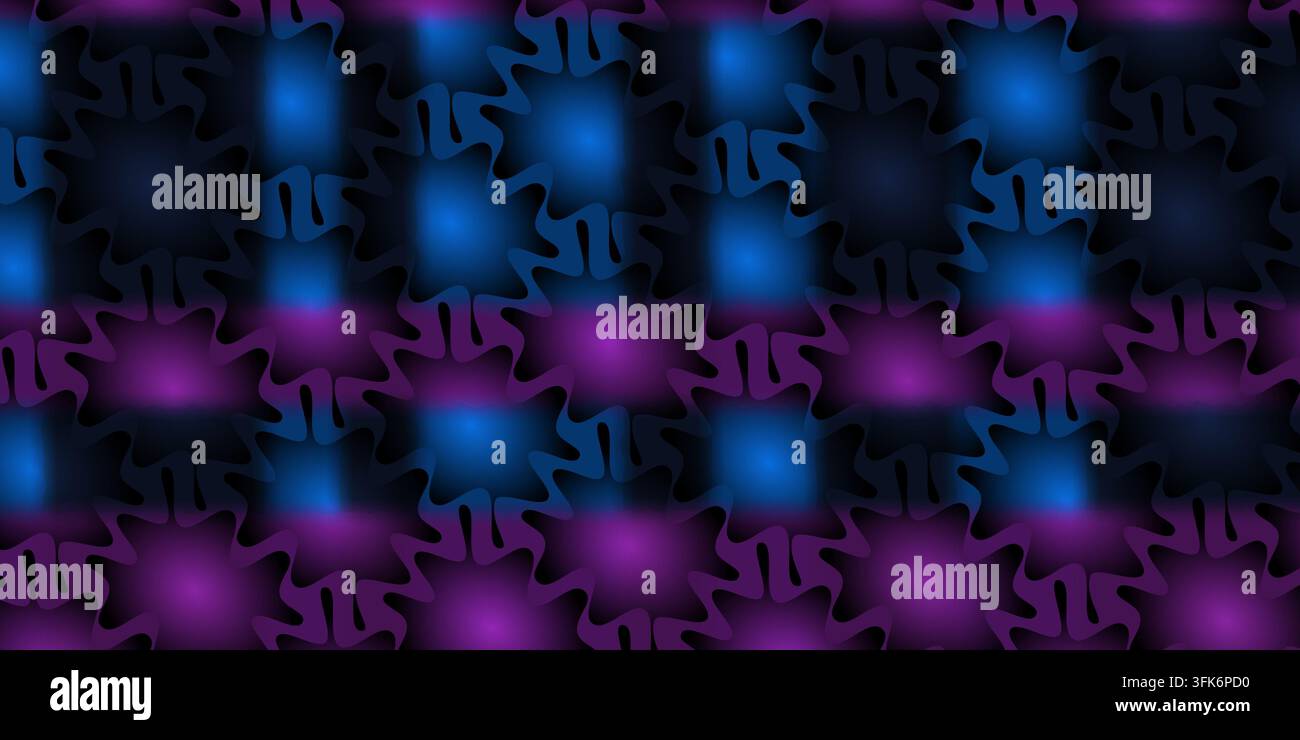 Heller abstrakter Hintergrund mit lebendigen blauen und violetten leuchtenden Formen, die in einem dynamischen geometrischen Muster wiederholt angeordnet sind. Stockfoto