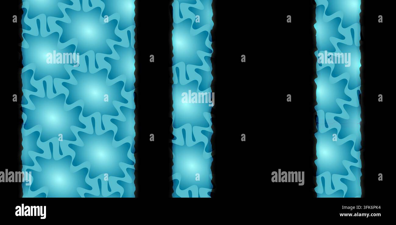 Helle blaue leuchtende vertikale Streifen vor einem schwarzen Hintergrund mit wellenförmiger Musterüberlagerung, die einen dynamischen visuellen Effekt erzeugen. Stockfoto