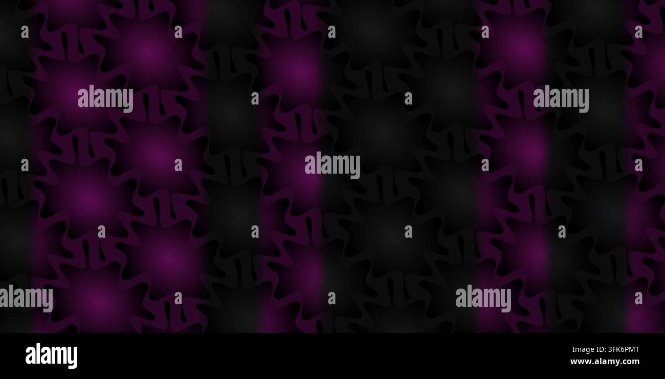 Abstrakter dunkler Hintergrund mit einem sich wiederholenden Muster aus leuchtenden violetten welligen Formen und texturierten Elementen, die einen dynamischen visuellen Effekt erzeugen. Stockfoto