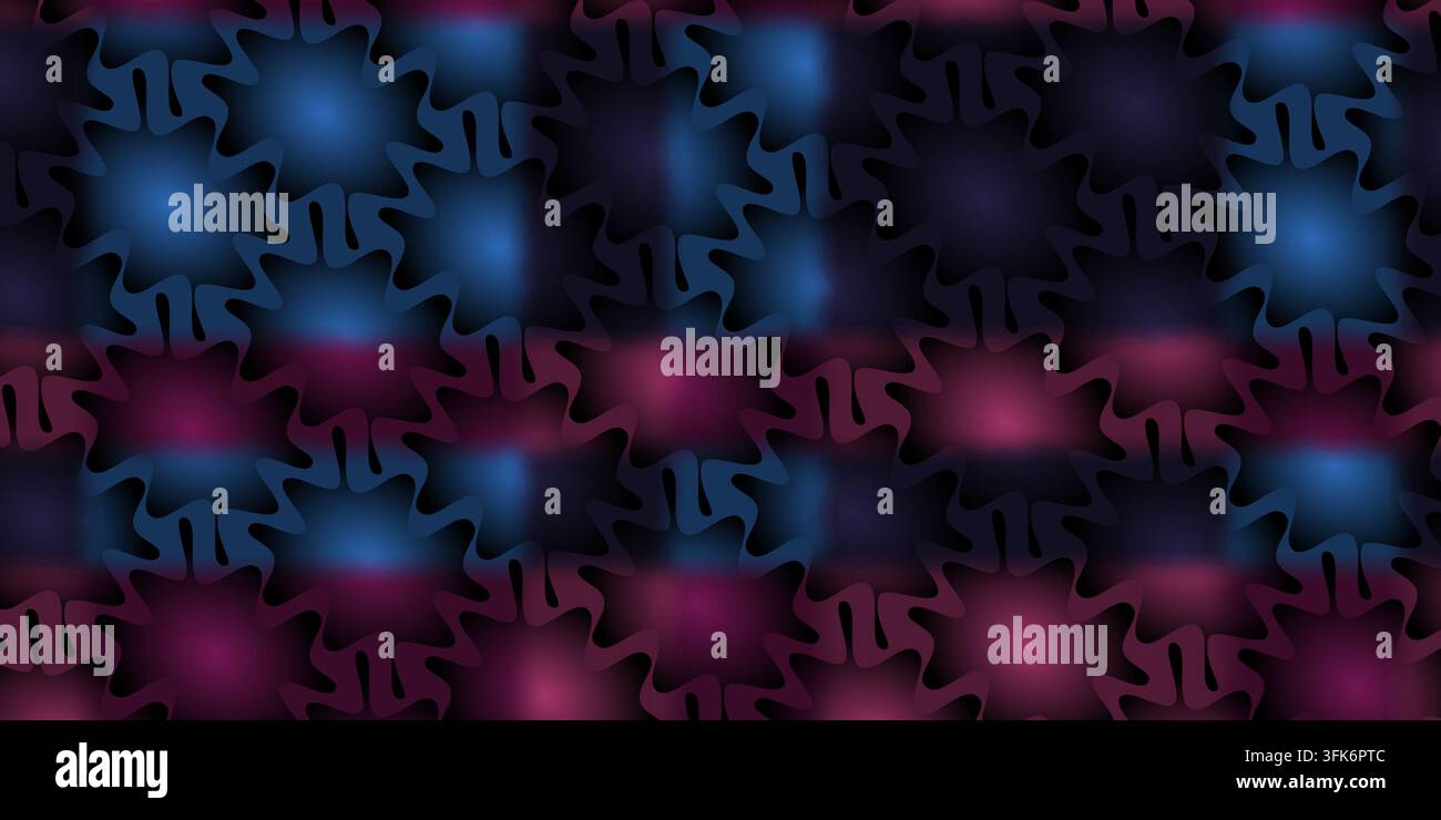 Ein abstraktes Muster aus ineinandergreifenden, welligen sternförmigen Formen mit dynamischen Farbverläufen in Blau und Magenta vor einem dunklen Hintergrund. Stockfoto