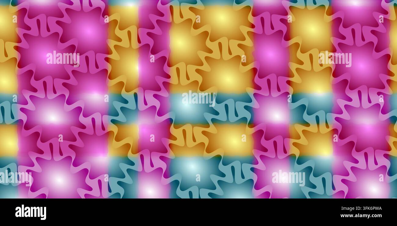 Nahtloses geometrisches Muster mit sich überlappenden welligen Sternformen und lebendigen rosa, gelben und blauen Farbverläufen, das einen dynamischen Mosaikeffekt erzeugt Stockfoto
