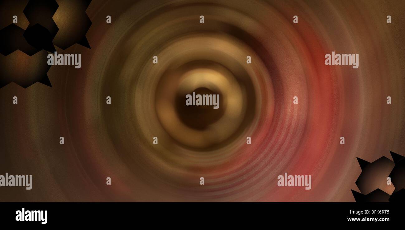 Abstrakter Hintergrund mit einem warm leuchtenden kreisförmigen Wirbel und geometrischen Eckakzenten Stockfoto