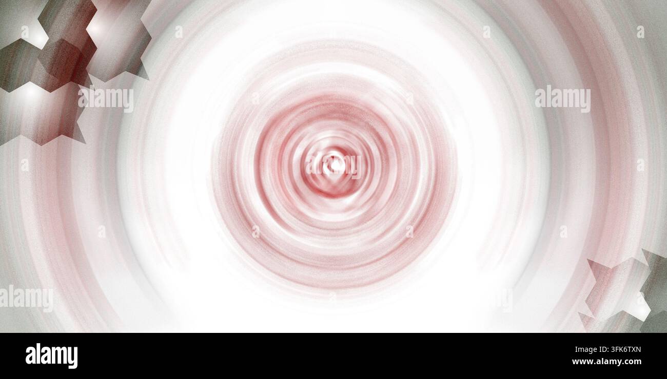 Abstrakter Hintergrund mit kreisförmigem Welleneffekt in weichen Rottönen und geometrischen Eckakzenten Stockfoto