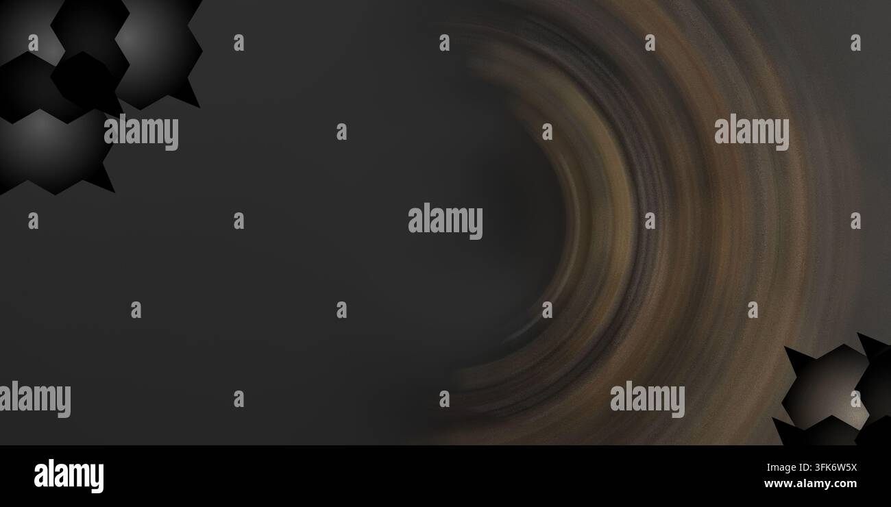 Abstrakter dunkler Hintergrund mit exzentrischen kreisförmigen Wellen und geometrischen sternförmigen Eckelementen in einem modernen digitalen Kunststil Stockfoto