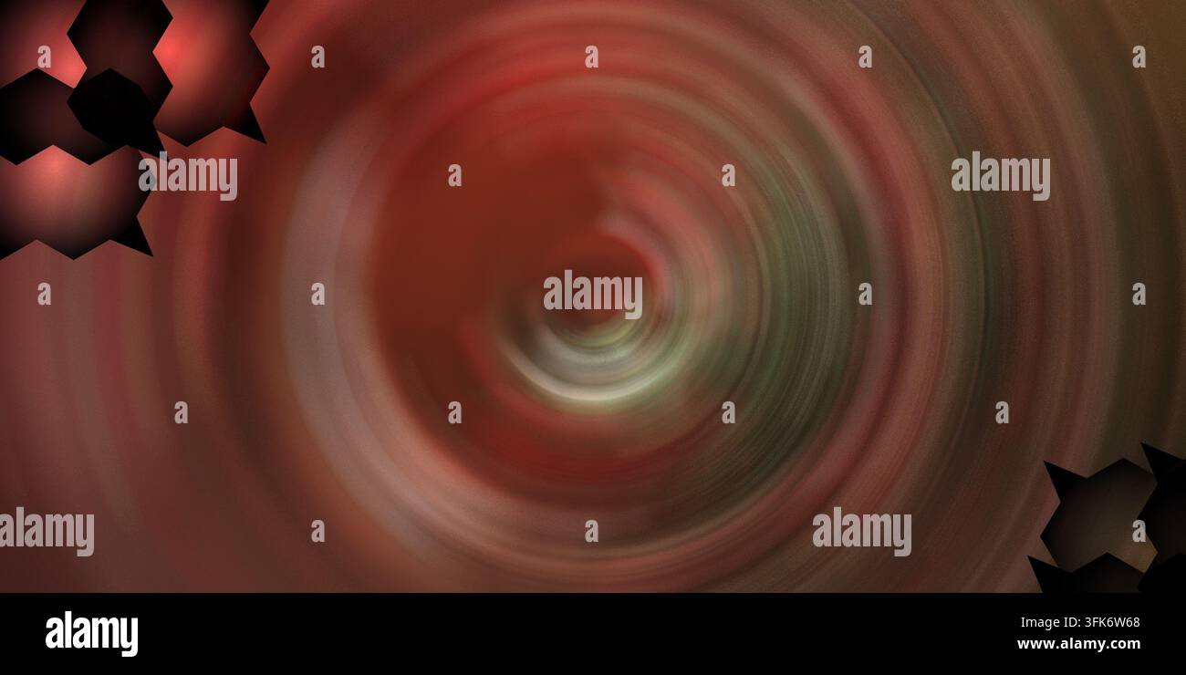 Abstrakter roter und grüner kreisförmiger Bewegungsunschärfebackground mit dunklen geometrischen sechseckigen Eckakzenten Stockfoto