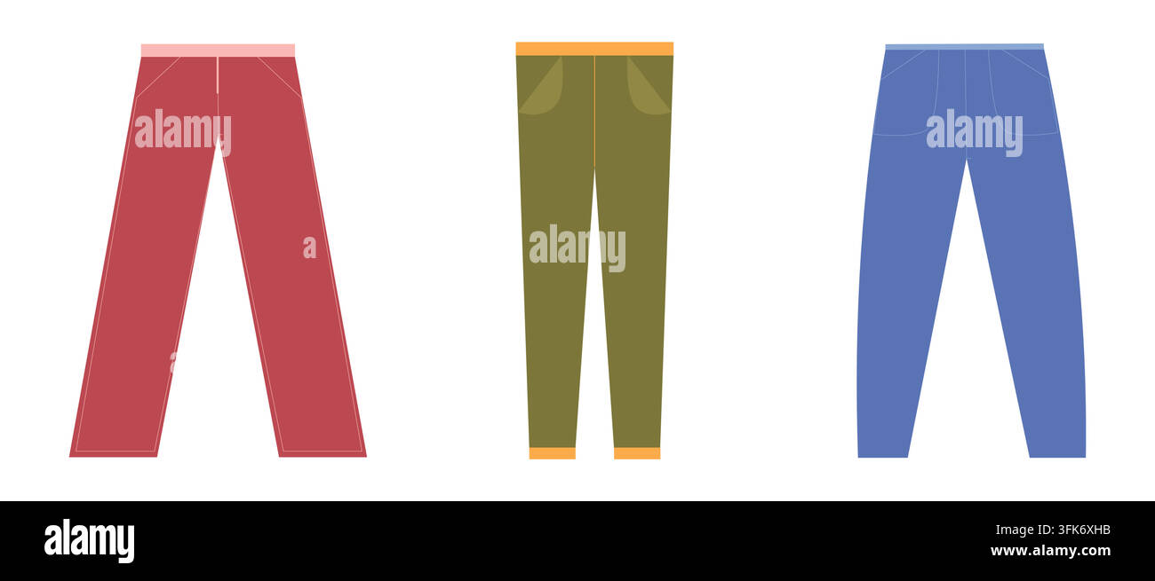Vektorillustration von drei Hosenpaaren in Rot, Grün und Blau, perfekt für lässige Mode, Garderoben-Essentials und Kleidungsdesign-Themen Stock Vektor