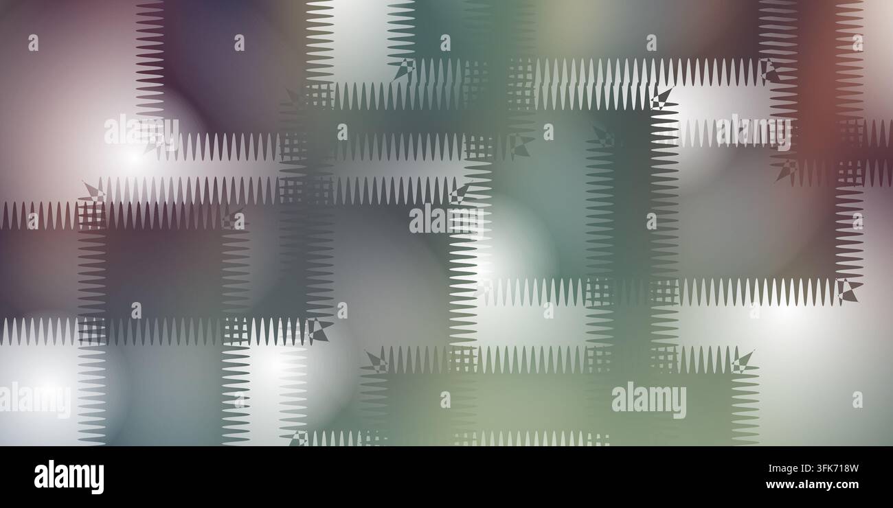 Abstrakter dunkler Hintergrund mit quadratischen Fleckenmustern und Zickzack-Rändern Stockfoto