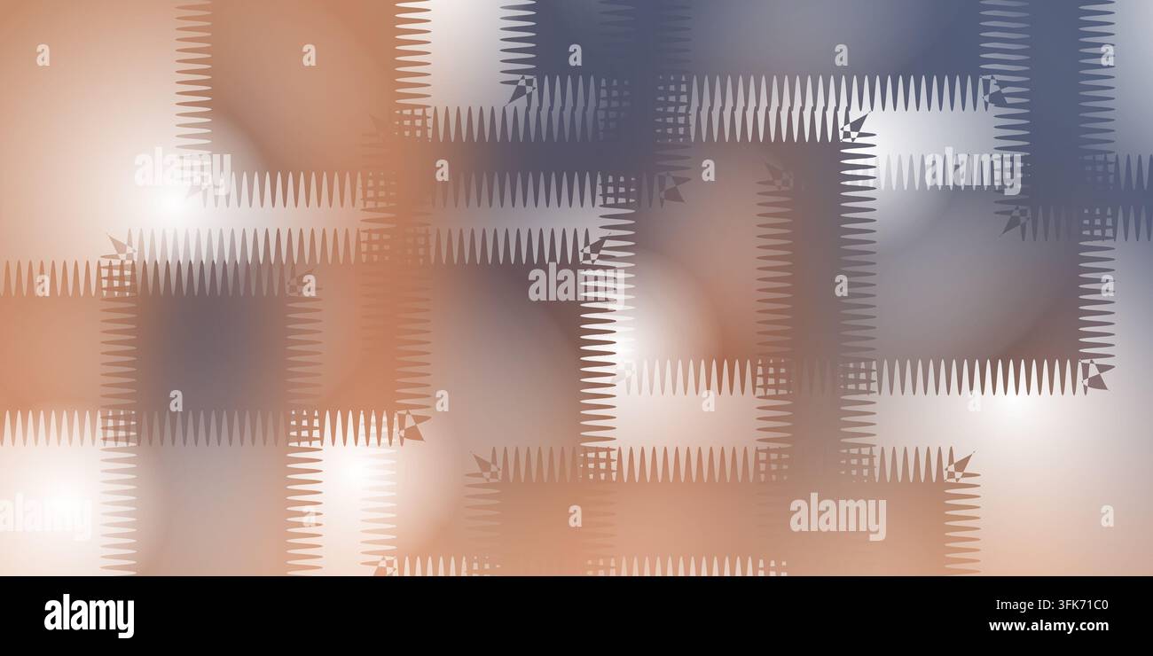 Abstraktes geometrisches Muster mit braunen und blauen genähten rechteckigen Formen und weichem, leuchtendem Farbverlaufshintergrund Stockfoto