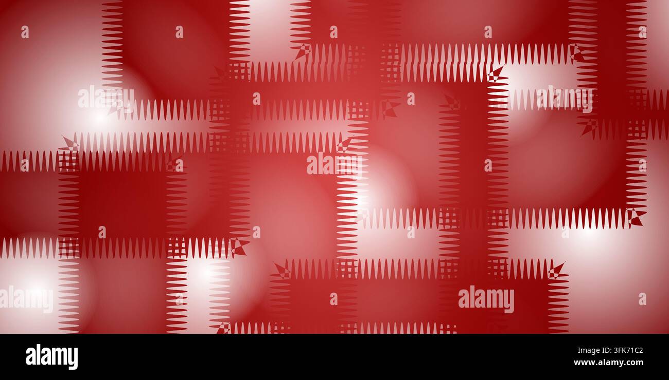 Abstrakter roter Hintergrund mit überlappenden rechteckigen Rahmen und gezackten Stichmustern im modernen digitalen Kunststil Stockfoto