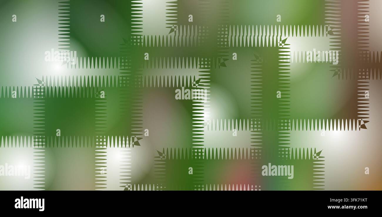Abstrakter grüner Hintergrund mit sich überlappenden gemusterten Quadraten, die an Patchwork- oder pixelierte geometrische Formen erinnern Stockfoto