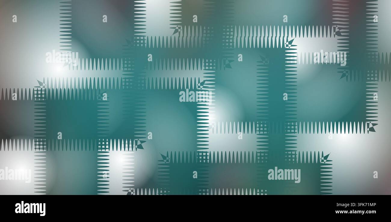 Abstraktes Hintergrunddesign mit einem blaugrünen Patchwork-Muster und Zickzack-Rändern Stockfoto