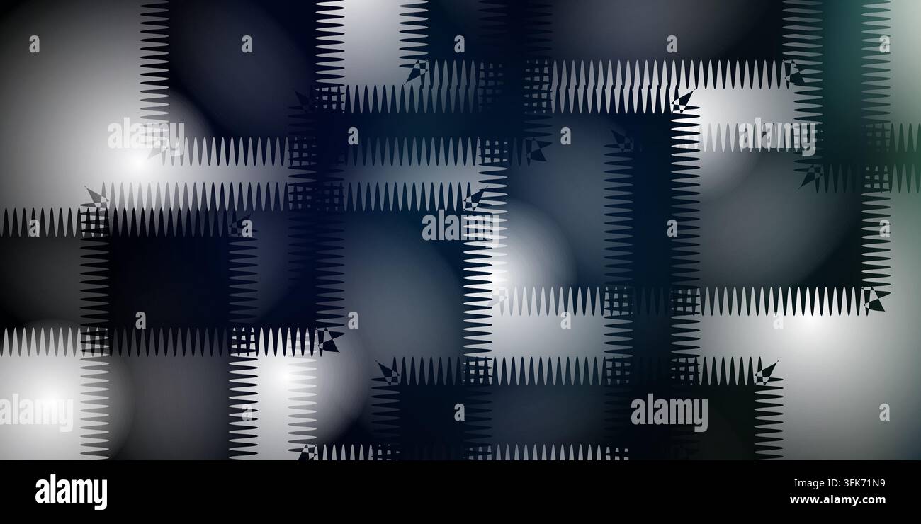 Abstrakter dunkler Hintergrund mit geschichteten Patchwork-Quadraten und Zickzack-Stichmustern Stockfoto