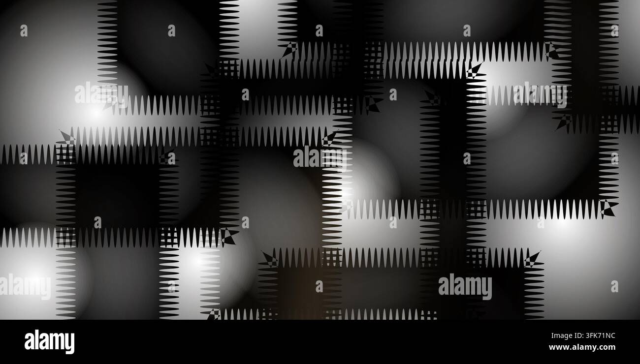 Abstrakter dunkler Hintergrund mit geometrischen genähten quadratischen Formen und leuchtenden Lichteffekten Stockfoto