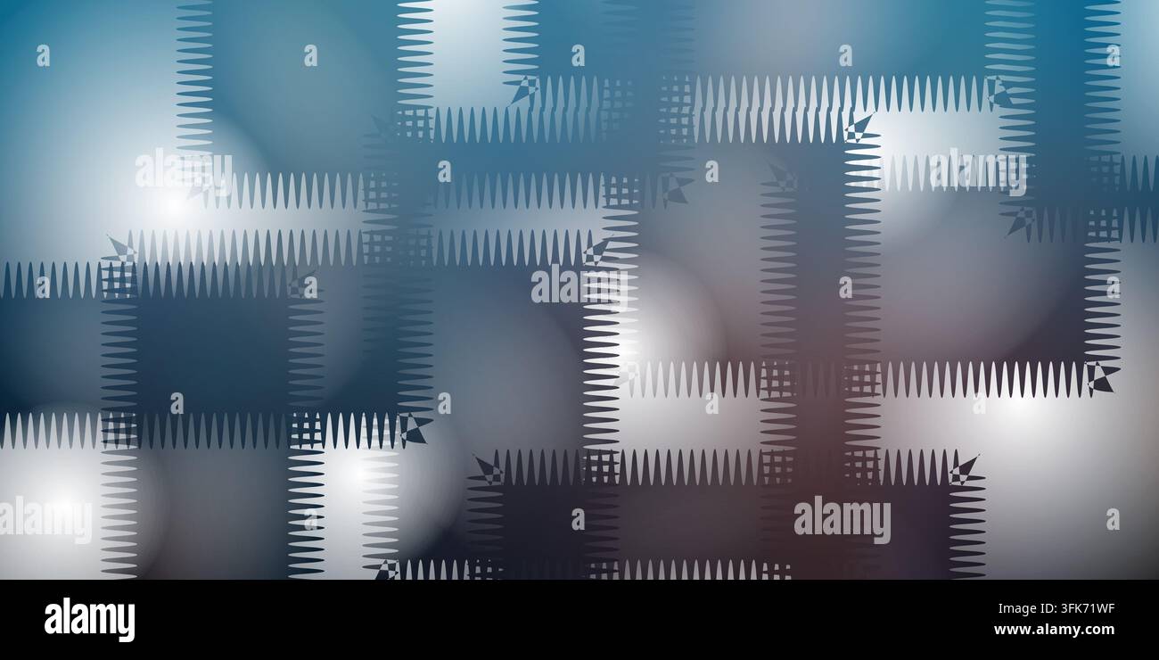 Abstrakter blauer und grauer Hintergrund mit sich überlappenden rechteckigen Formen und gezackten Stichmustern, modernes geometrisches Designelement Stockfoto