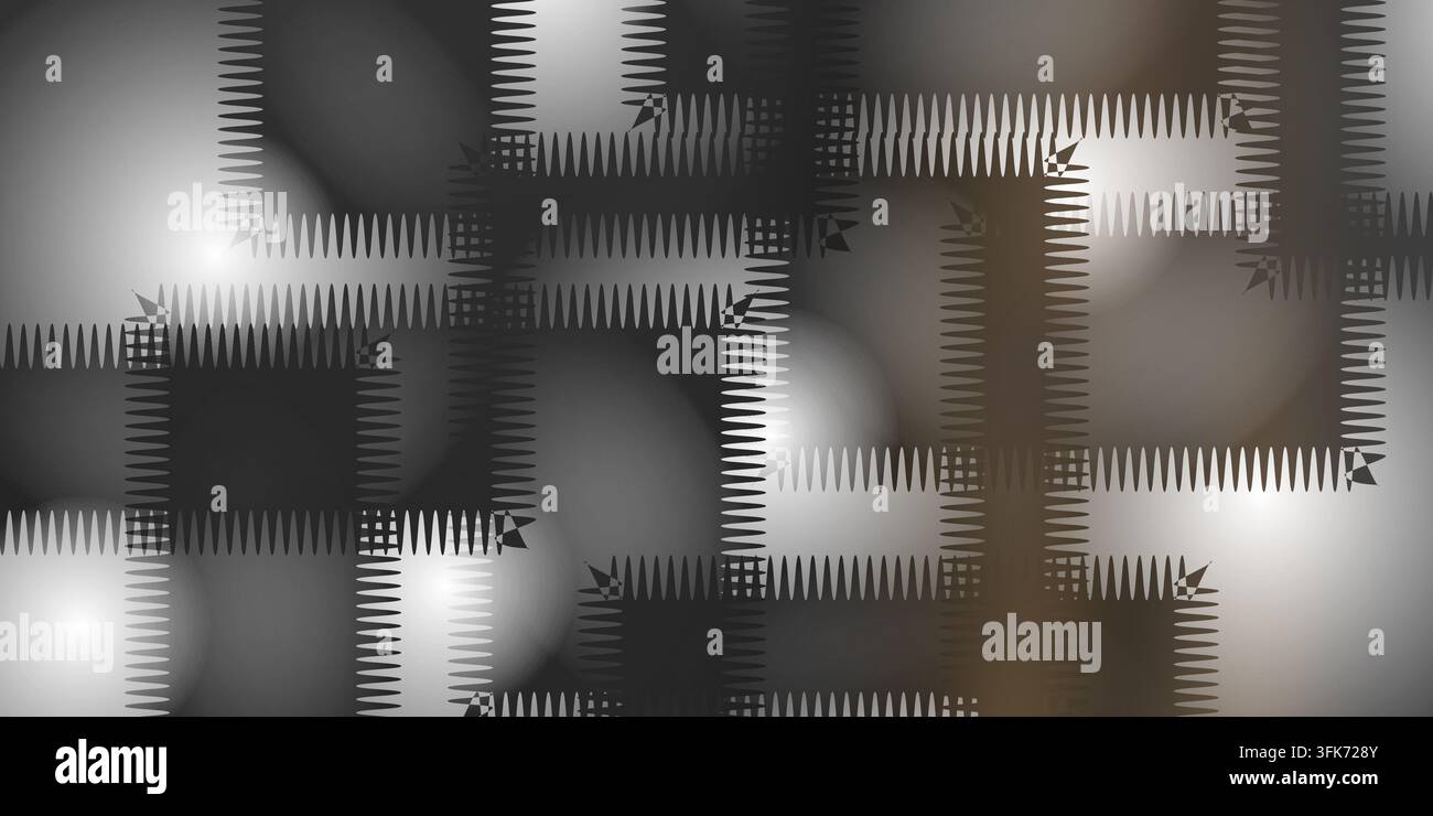Abstrakter Hintergrund mit überlappenden geometrischen Quadraten und Zickzack-Kanten in dunklen Grautönen und Weißverläufen Stockfoto