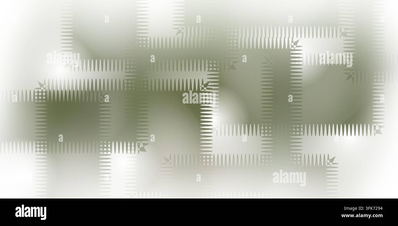 Abstrakter Hintergrund mit überlappenden geometrischen Quadraten und Zickzack-Kanten in weichen Olivgrün- und Weißverläufen Stockfoto