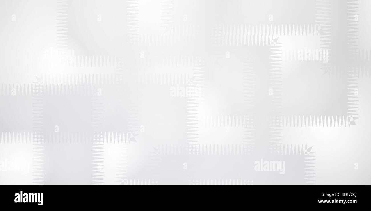 Abstrakter Hintergrund mit überlappenden Rechtecken und gezackten Kanten, geometrisches Muster in weichen Weiß- und Hellgrautönen, modernes Design Stockfoto