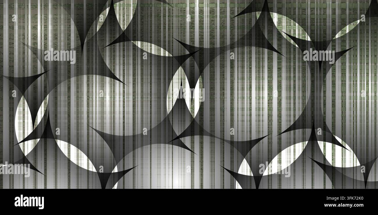 Silberner abstrakter Hintergrund mit vertikalen Streifen und geometrischen KreisMustern Stockfoto
