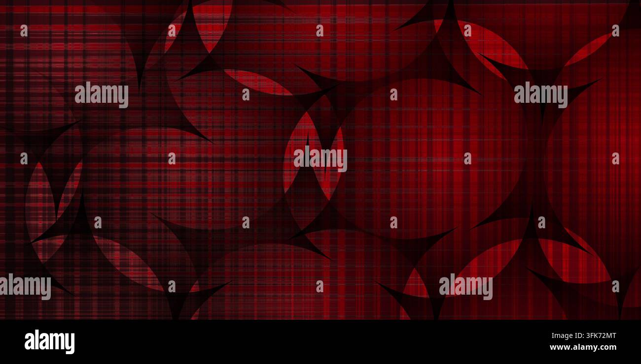 Abstrakter roter Hintergrund mit geometrischen kreisförmigen Mustern und karierten Texturen Stockfoto