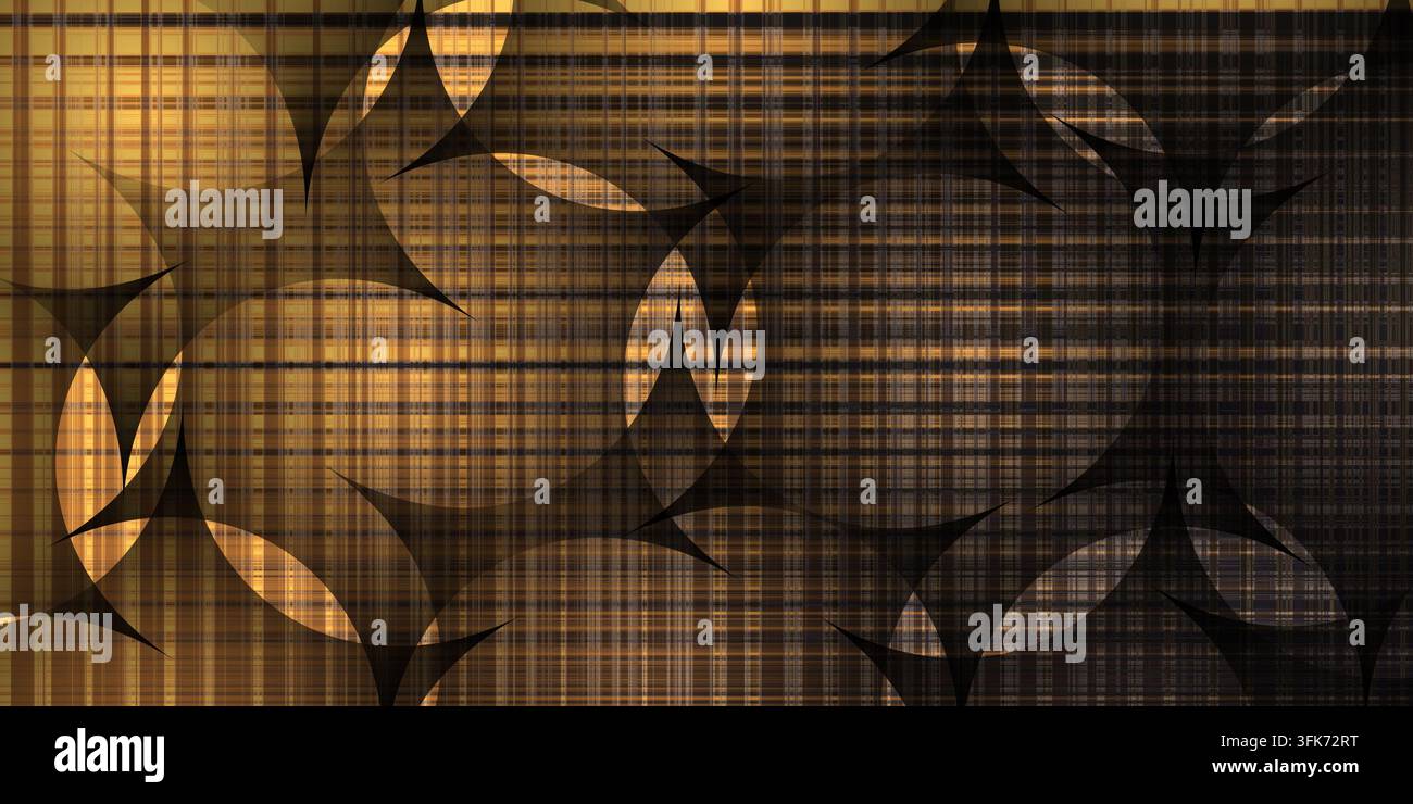 Abstrakter goldfarbener gestreifter Hintergrund mit geometrischen kreisförmigen Formen und dunklen sich schneidenden Mustern Stockfoto