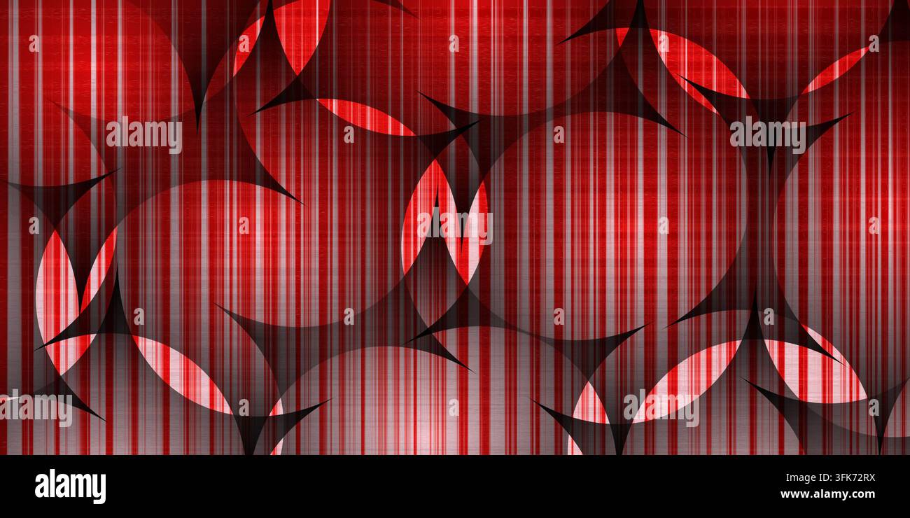 Roter abstrakter Hintergrund mit vertikalen Streifen und geometrischen KreisMustern Stockfoto