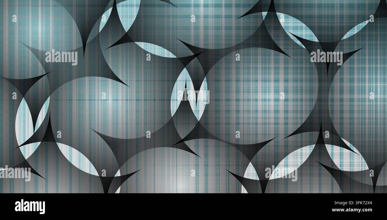 Abstraktes geometrisches Muster mit überlappenden kreisförmigen Formen und karierter Textur in Blau- und Grautönen Stockfoto