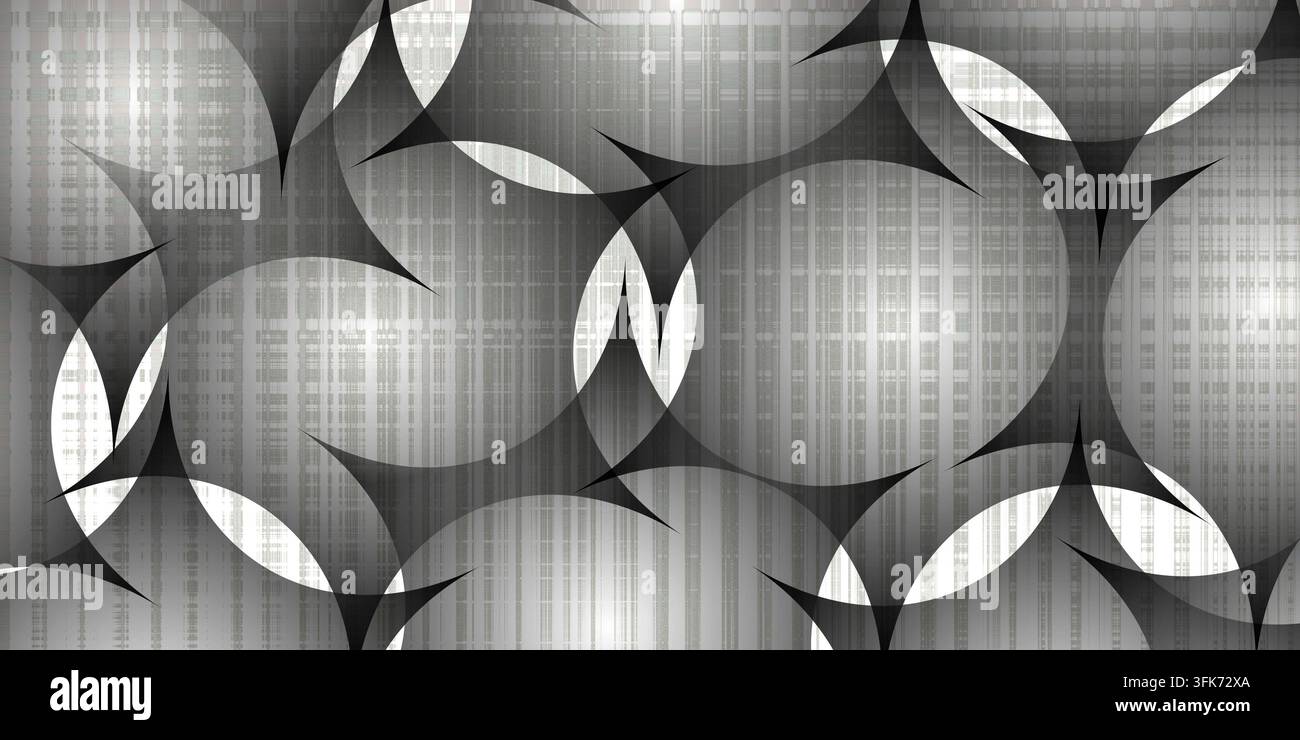 Abstrakter Graustufenhintergrund mit geometrischen Formen, überlappenden Kreisen und texturierten Rastermustern Stockfoto