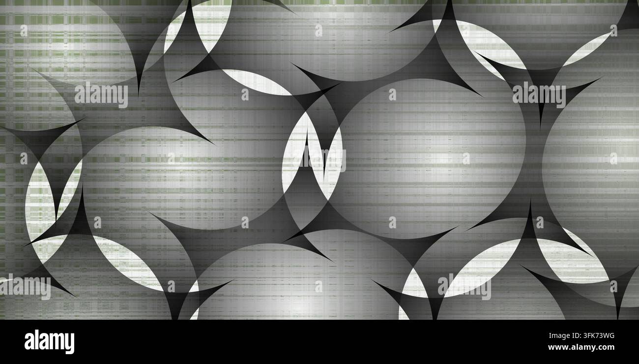 Abstrakter geometrischer Hintergrund mit sich schneidenden Kreisen und kariertem Muster in Silber- und Grautönen Stockfoto