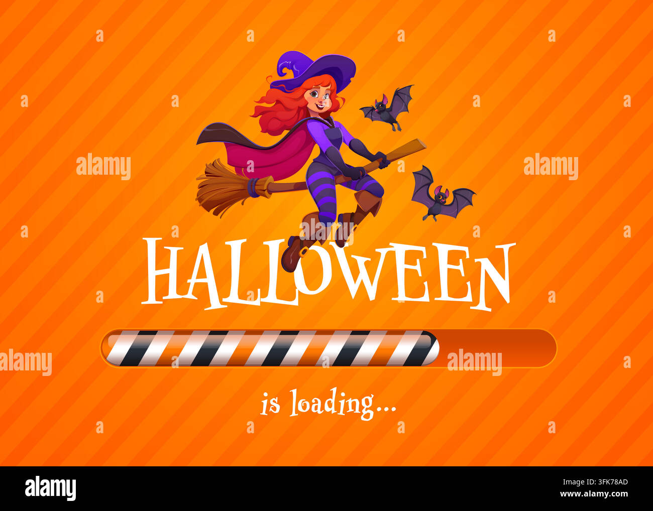 Fröhliche Halloween-Feier-Countdown-Ladeleiste mit süßer Hexenfigur, die auf einem Besen mit Fledermäusen und Zauberspruch fliegt. Cartoon-Vektor-festlicher Fortschritt int Stock Vektor