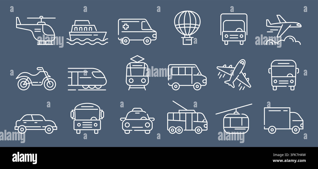 Satz von Transportlinien-Symbolen. Minimale Umriss-Symbole von Fahrzeugen für Reisen, Logistik und öffentliche Verkehrsmittel-Navigation für modernes Interface-Design. Vektor-minimale isolierte Illustration für Logo oder Emblem Stock Vektor