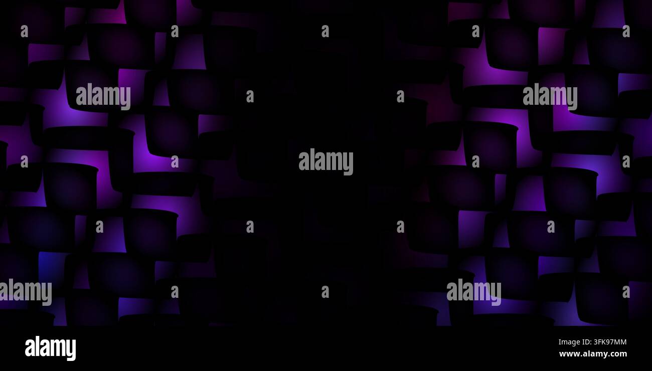 Ein abstrakter dunkelvioletter geometrischer Musterhintergrund mit leuchtenden violetten Kanten und einer tiefschwarzen Vignette, die zur Mitte hin verblasst. Stockfoto