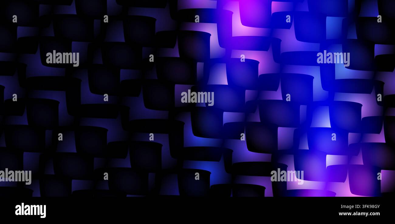 Ein abstraktes Design, das ein sich wiederholendes Muster aus dunklen Elementen mit leuchtenden blauen und violetten Highlights zeigt. Stockfoto