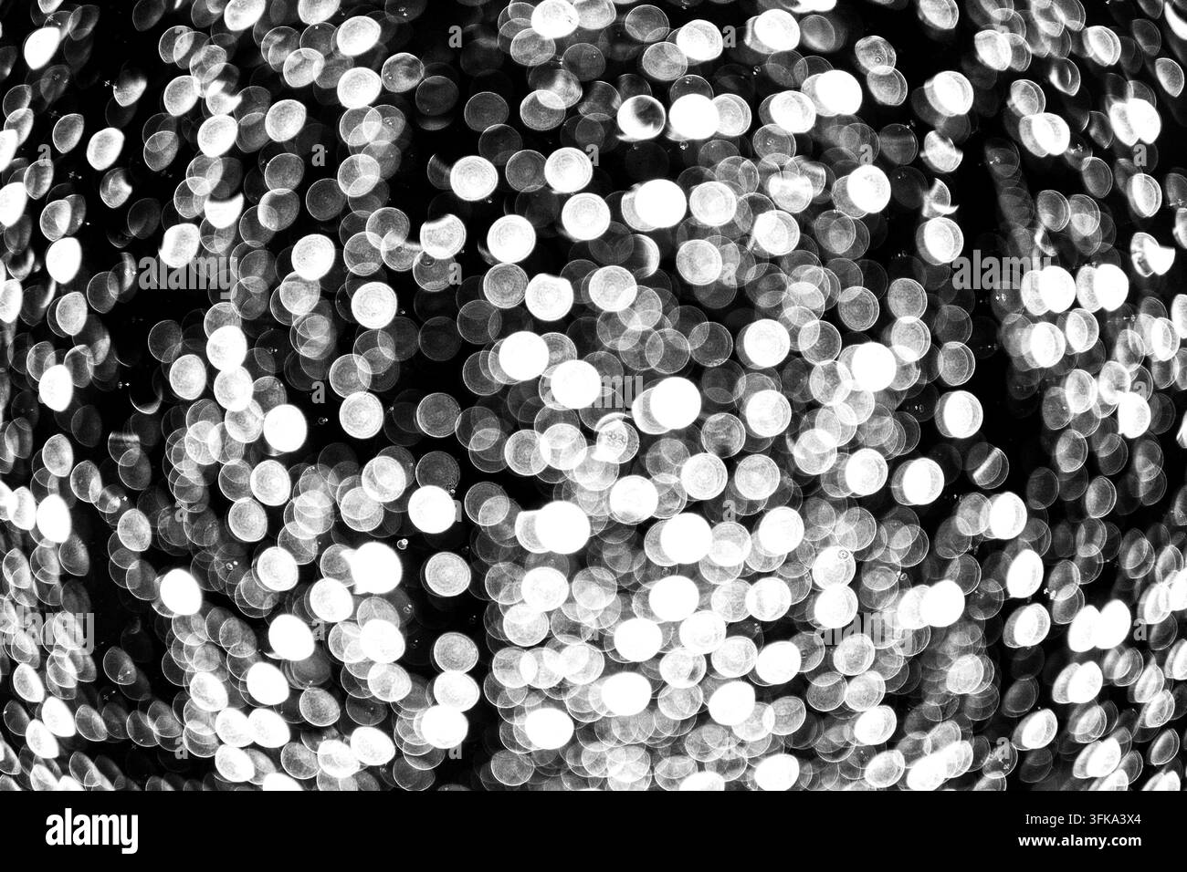 Abstrakte weiße Bokeh-Lichtpunkte und -Kreise, die vor einem dunklen Hintergrund leuchten Stockfoto