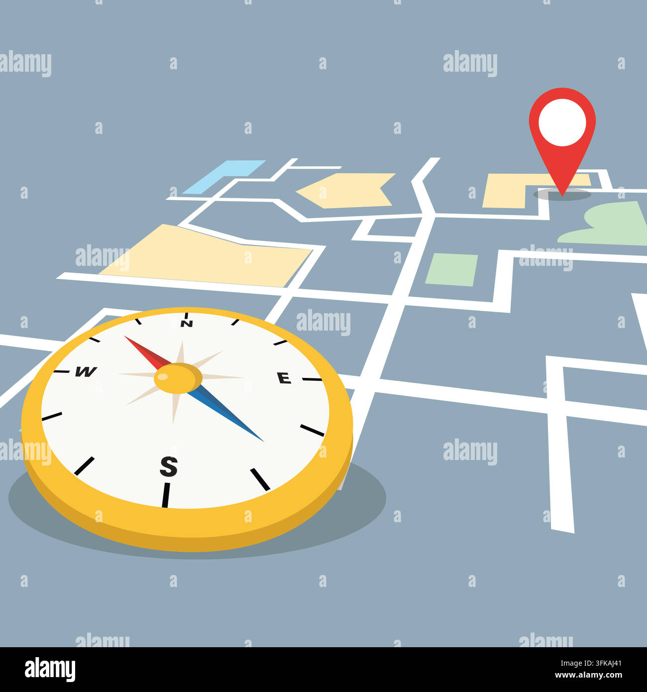 Grafische Illustration eines gelben Kompasses, der Richtungen auf einem Straßenkartenlayout mit einem roten Standortmarkierungssymbol zeigt, das Reisen, GPS und Routen symbolisiert. Stock Vektor