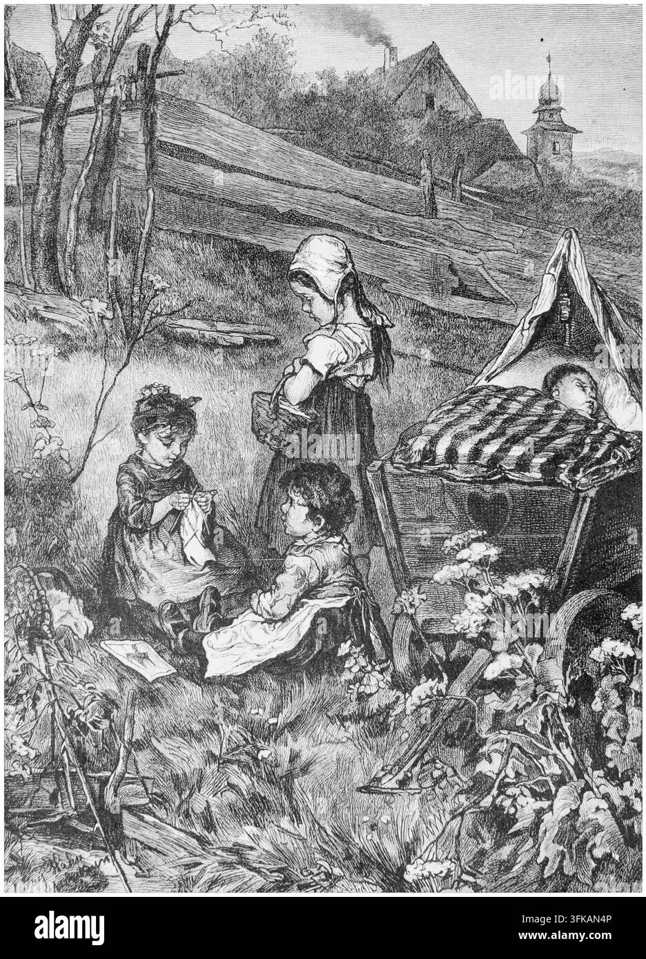 Kinder, die draußen mit einem schlafenden Baby in einem Wagen spielen, Illustration von 1881. Stockfoto